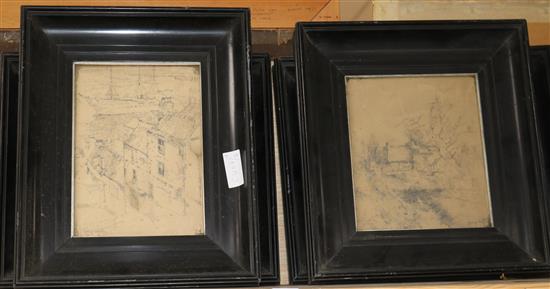 George Horton, four pencil drawings, Views of a windmill, harbour and riverscapes, largest 25 x 18cm